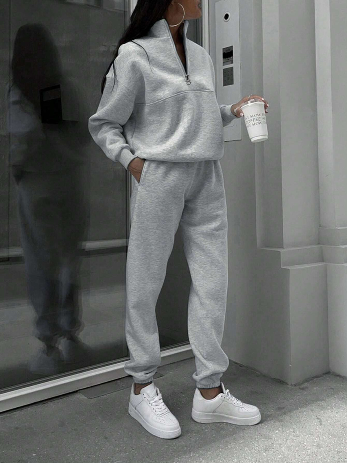 SHEIN X Carly Lawrence INAWLY Women'S Half Zipper Hoodie and Jogger Pants Two Piece Set Fall Cloth for Women